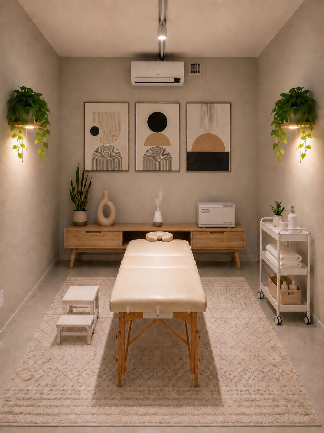 Massage Studio: a cream upholstered table on a textured rug with warm sconce-lit botanical art and a linen cart